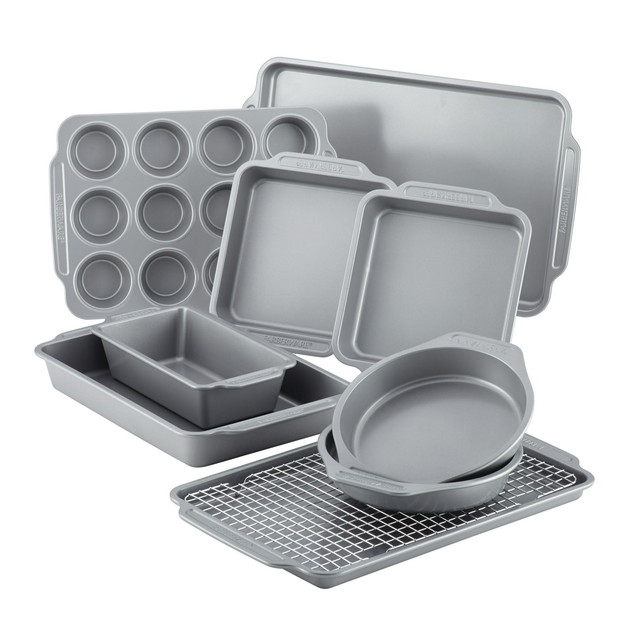 10-Piece Nonstick Bakeware Set with Cooling Rack Grey
