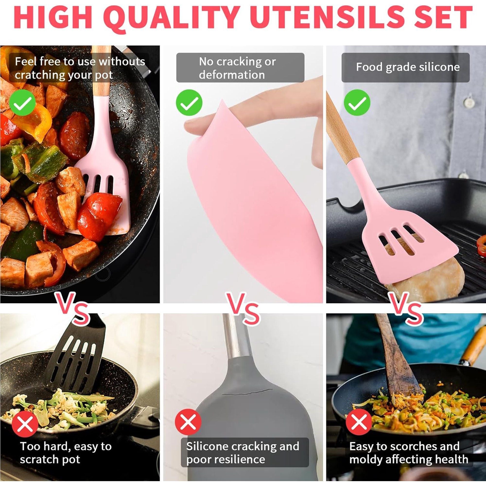 11-Piece Silicone Kitchen Utensil Set with Wooden Handles