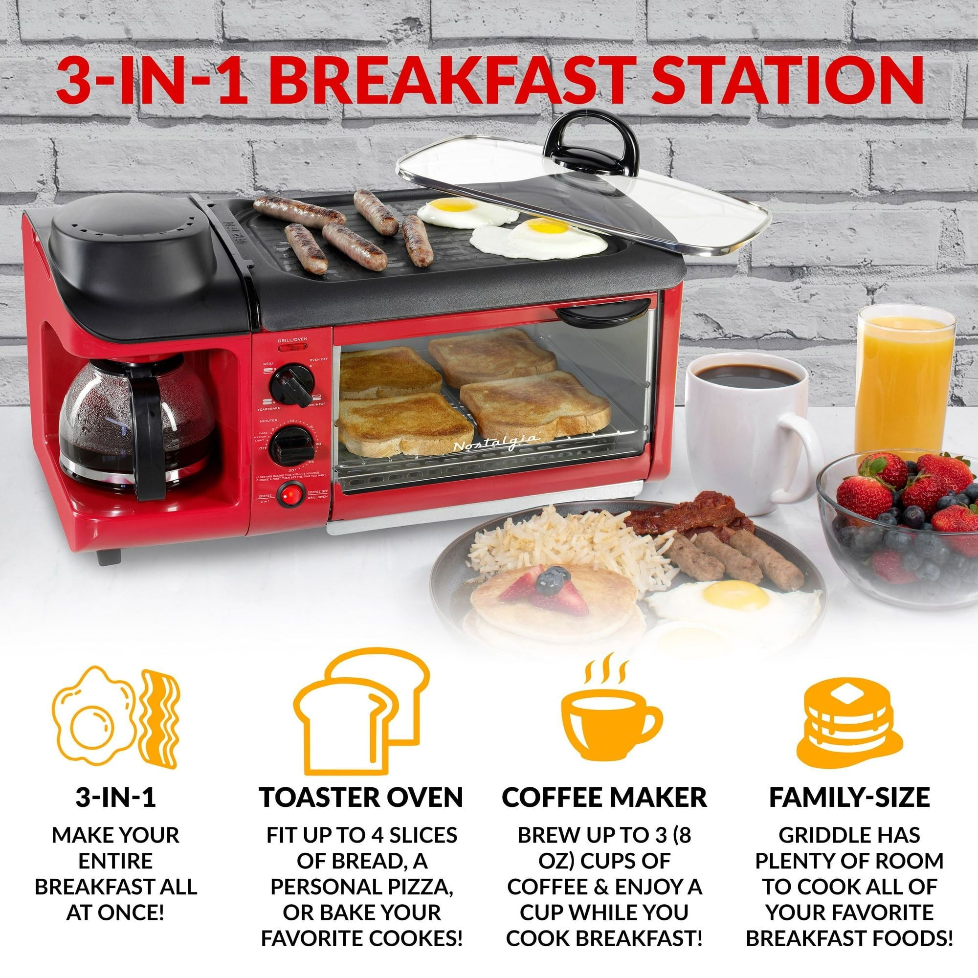 Nostalgia Retro 3-in-1 Family Breakfast Station – Red